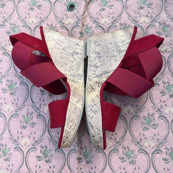 American Eagle Heels Womens Sz 6.5 Cork Wedge Platform Sandals Red Suede Elastic - Picture 3 of 8